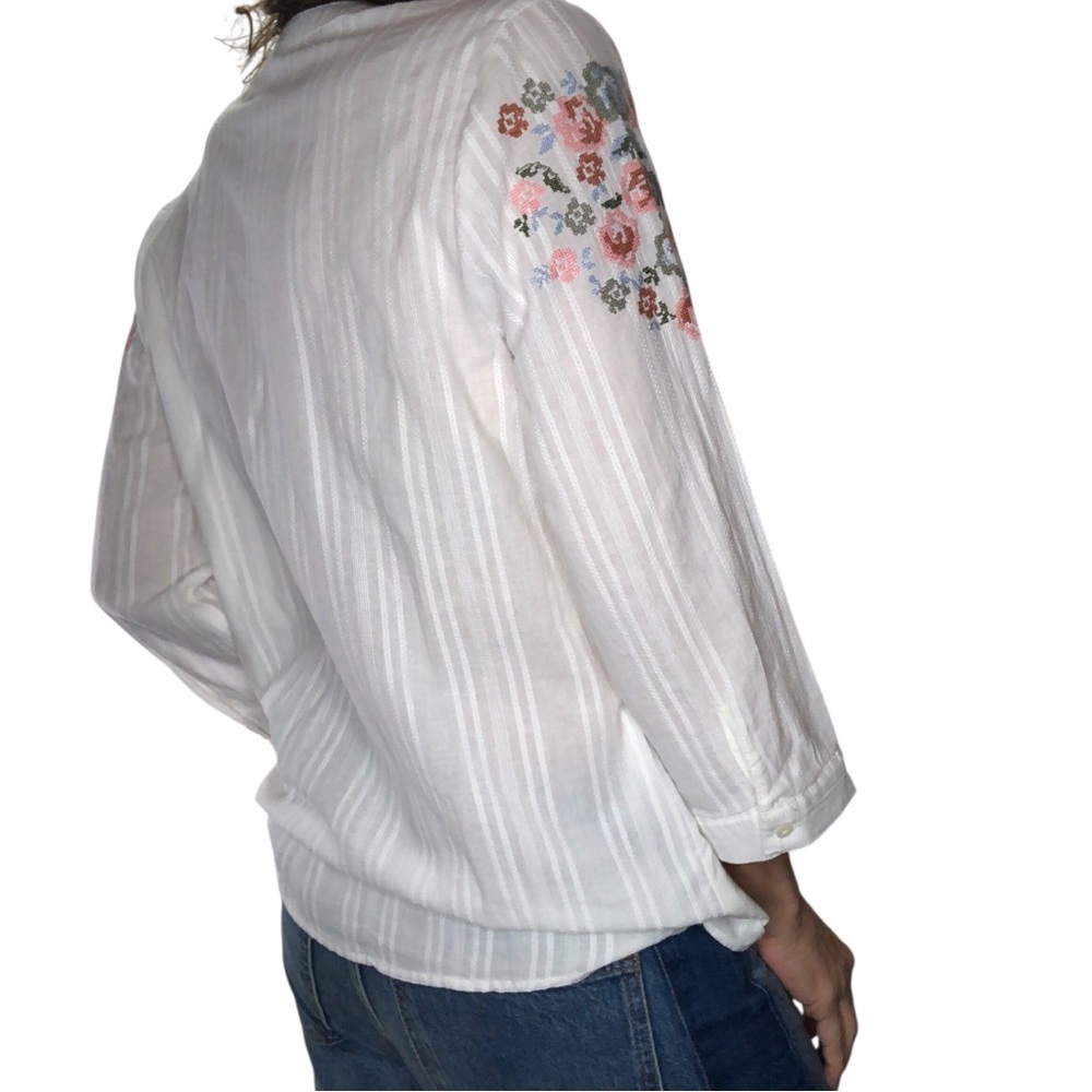 Westport L Blouse Top Cotton Crochet Needlepoint Floral Crochet Boho 3/4 Sleeve - Picture 2 of 8